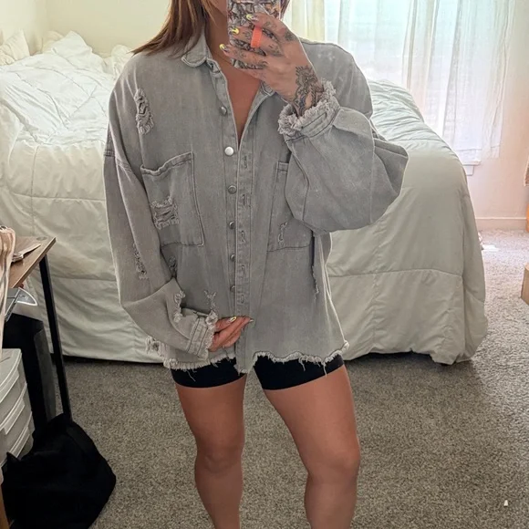 Vici Oversized Distressed Button-Down Shirt Jacket in Light Gray - Picture 2 of 8